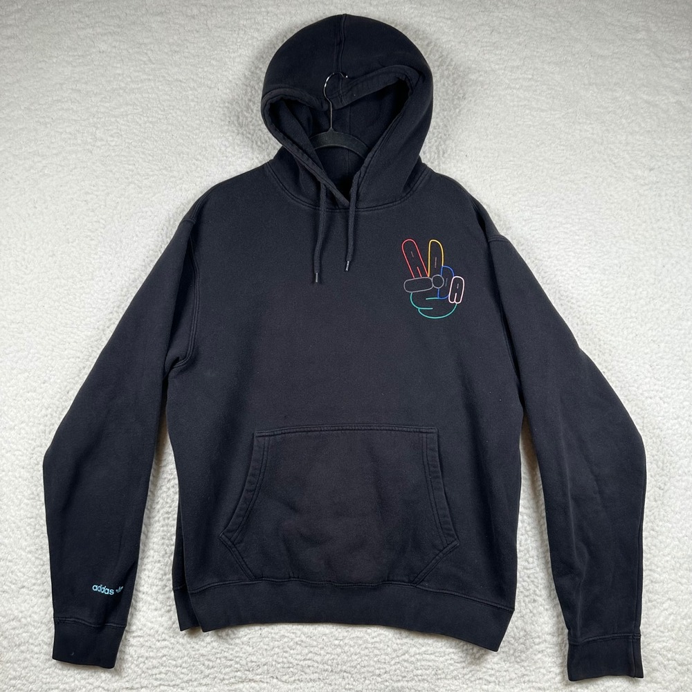 Adidas Originals Mens Peace Sign Trefoil Hoodie Black Fleece Sweatshirt L Street